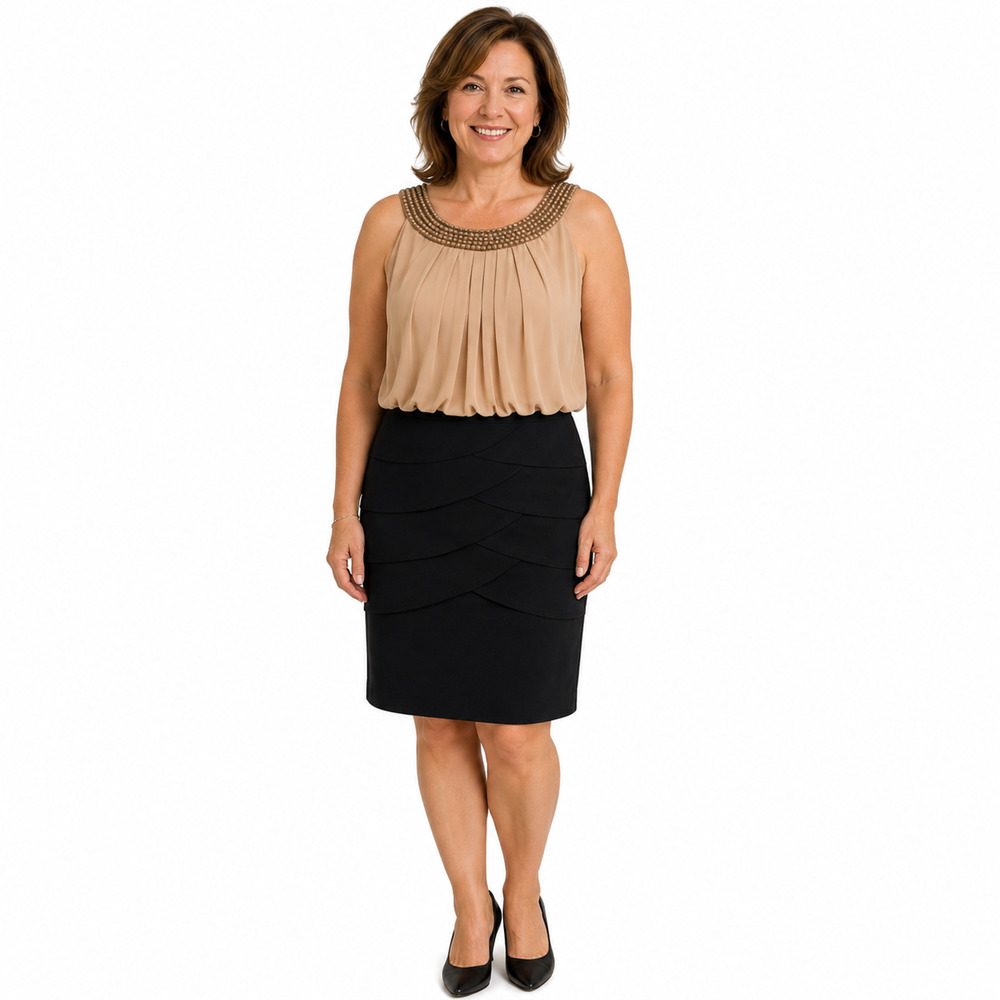 Dressbarn Dress Barn Collection Beaded Beige Black Tiered Skirt Stretch sz 12